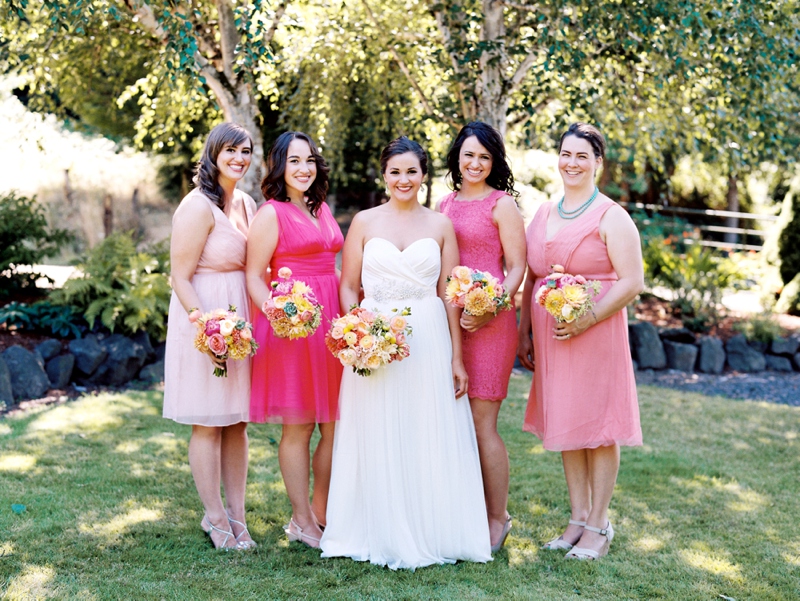 Bridesmaids in pink at a farm wedding in Portland Oregon