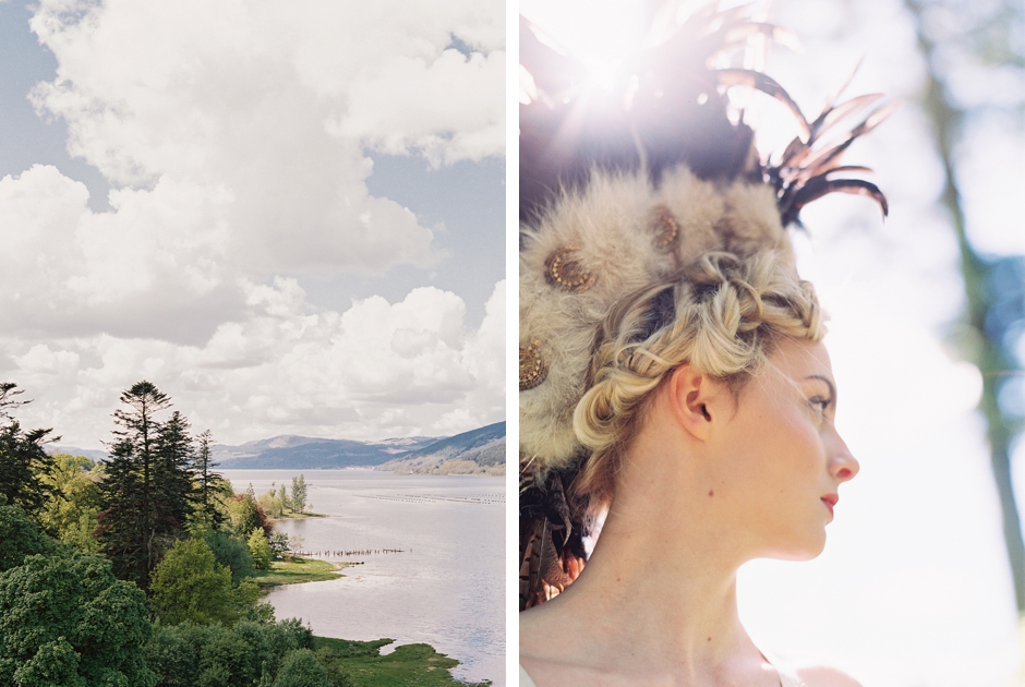 Editorial photography in Scotland with a large feather headpiece