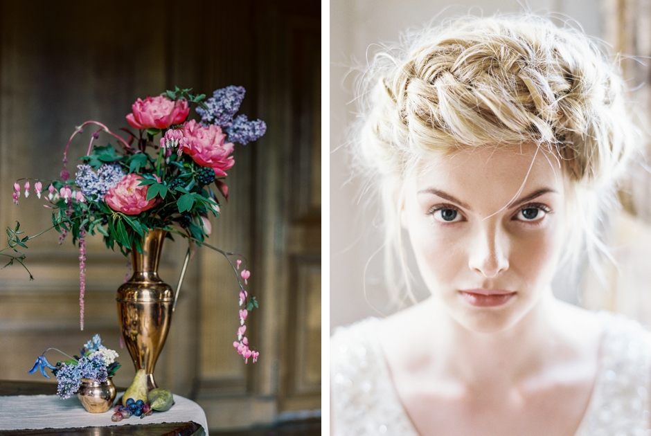 Scottish editorial with flowers by Pyrus and a blond girl with braided hair