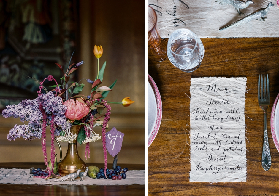 A Scottish editorial shoot with red and purple flowers and calligraphy menu.
