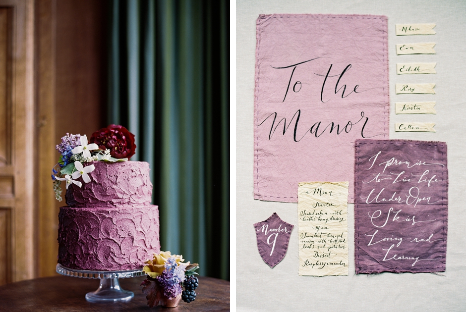 A purple cake and calligraphy on linen