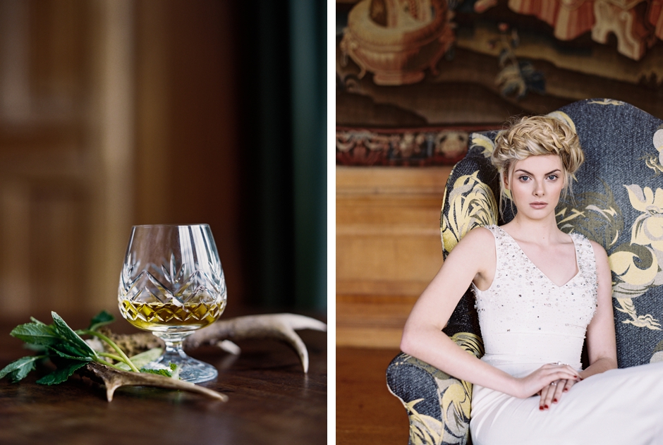 Scotland editorial with whisky and a blond girl with braided hair
